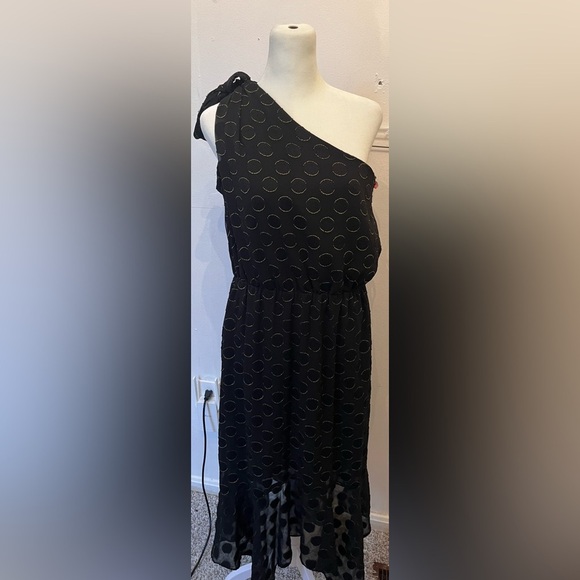 Monique Lhullier Metallic Dot Dress Size 12 Black Silver One Shoulder - Picture 3 of 5